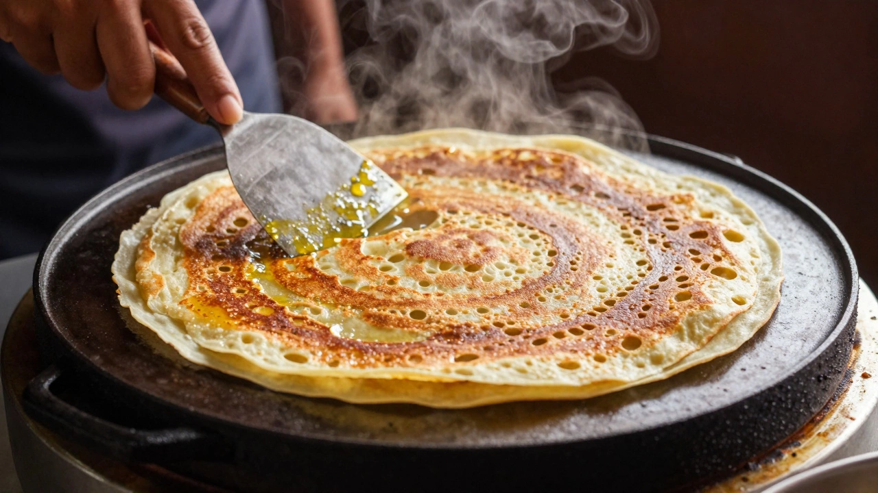 Crispy golden dosa being lifted from a hot cast-iron skillet with steam