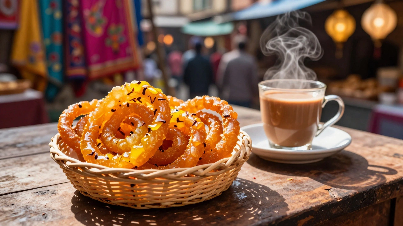 Crispy Jalebi spirals with masala chai on a table