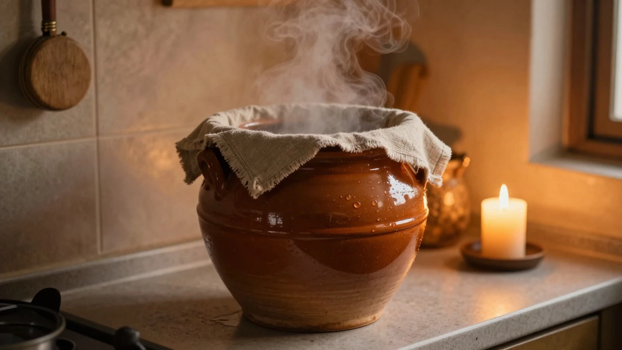 Earthenware pot covered for fermenting dosa batter in warm light