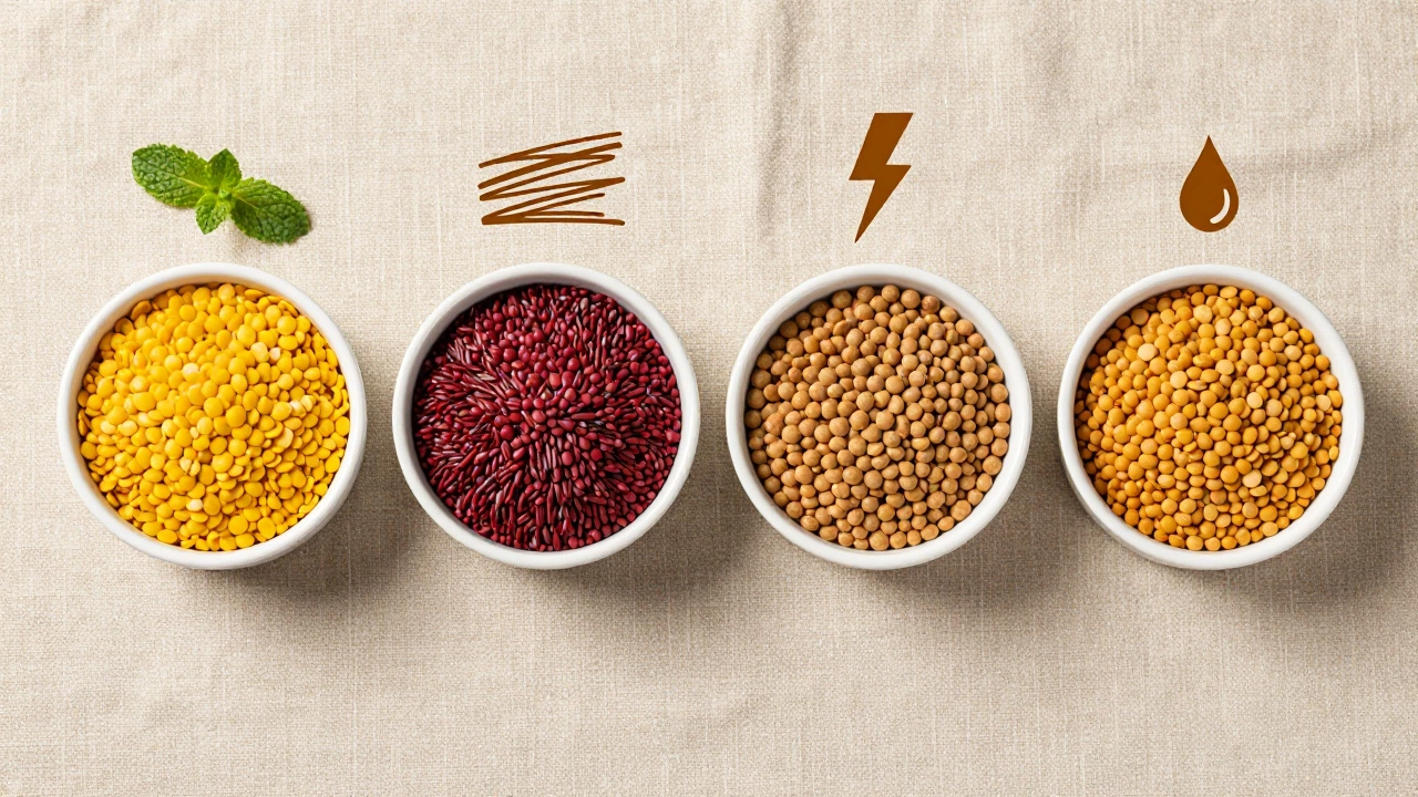 Four bowls of different lentils: moong, masoor, chana, and toor dal