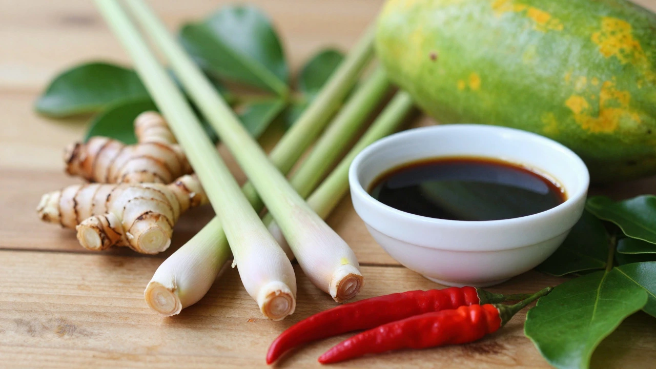 Fresh Thai herbs, chilies, and vegetables arranged for cooking without fish sauce.