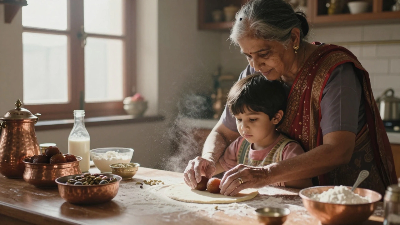 Grandmother teaching child to make sweet dough