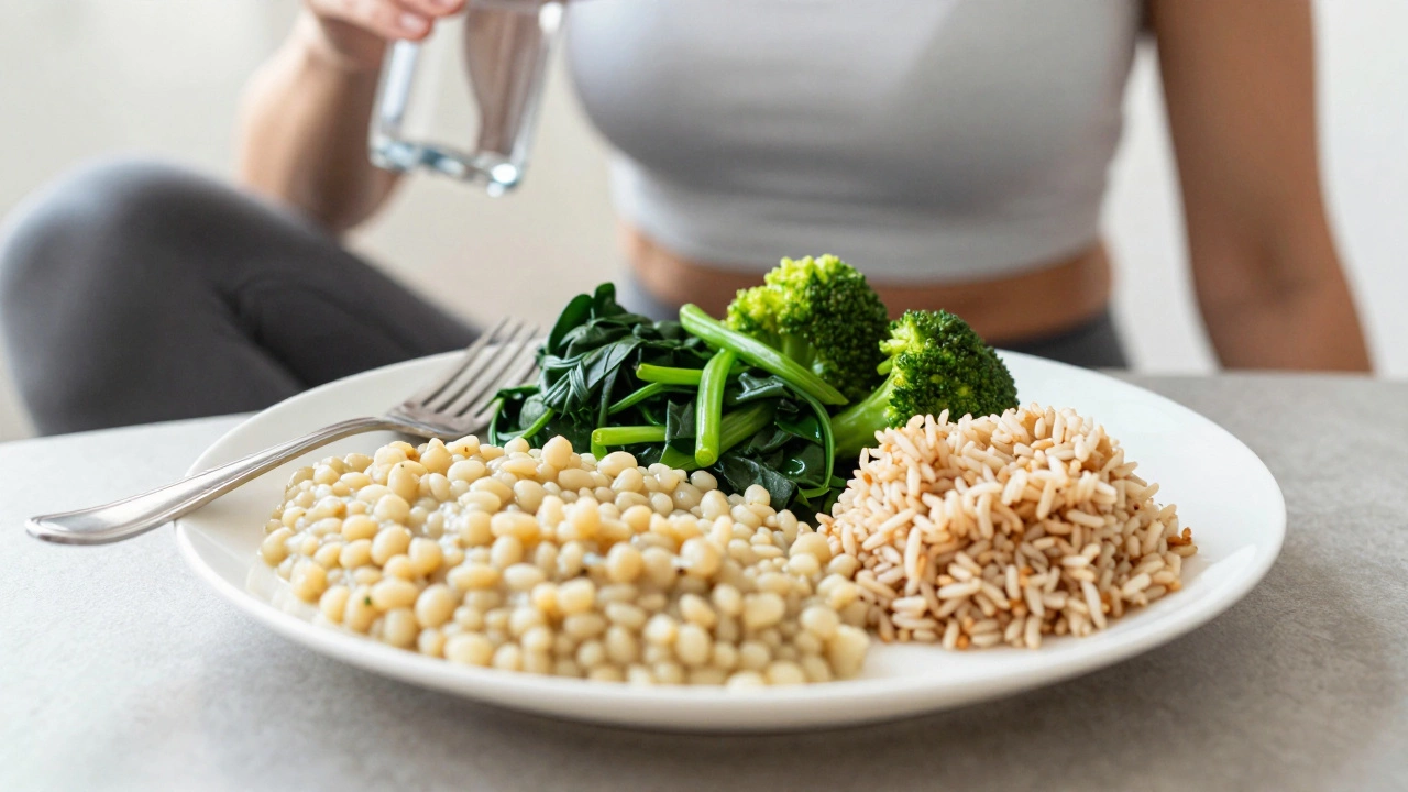 Healthy plate with dal, green vegetables, and a small portion of rice
