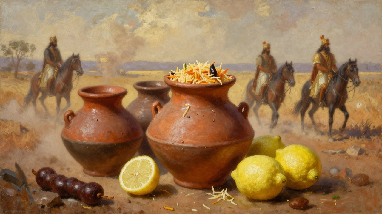 Historical painting of travelers carrying biryani pots and lemons for preservation