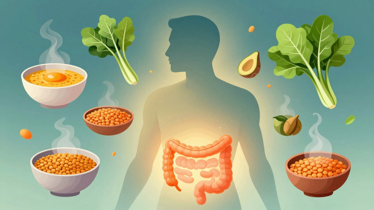 Illustration of balanced digestion with lentils and greens