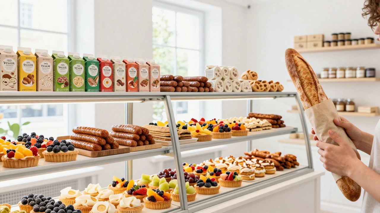 Modern German bakery shelves stocked with diverse plant-based foods and vegan bread.