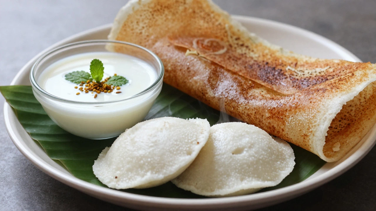Steaming idli, dosa, and buttermilk on a plate