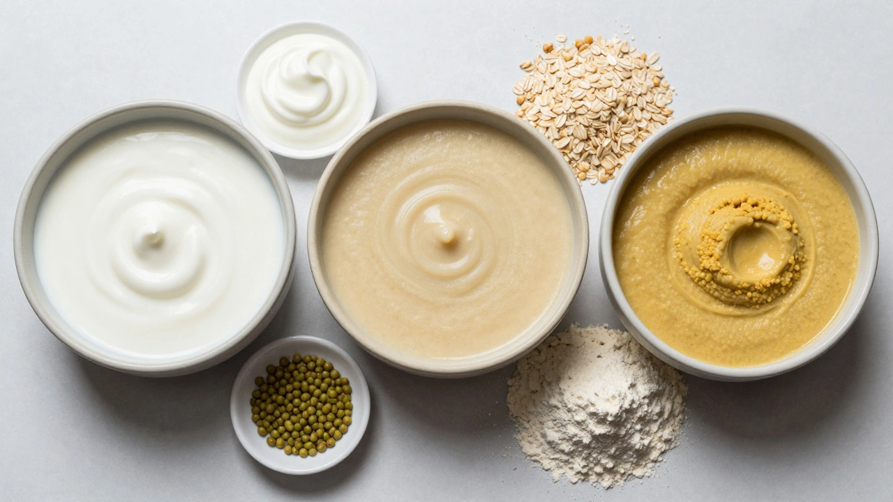 Three different dosa batters in bowls with their respective ingredient bases