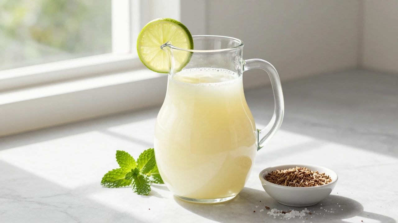 Chilled whey drink with lime garnish on a marble counter