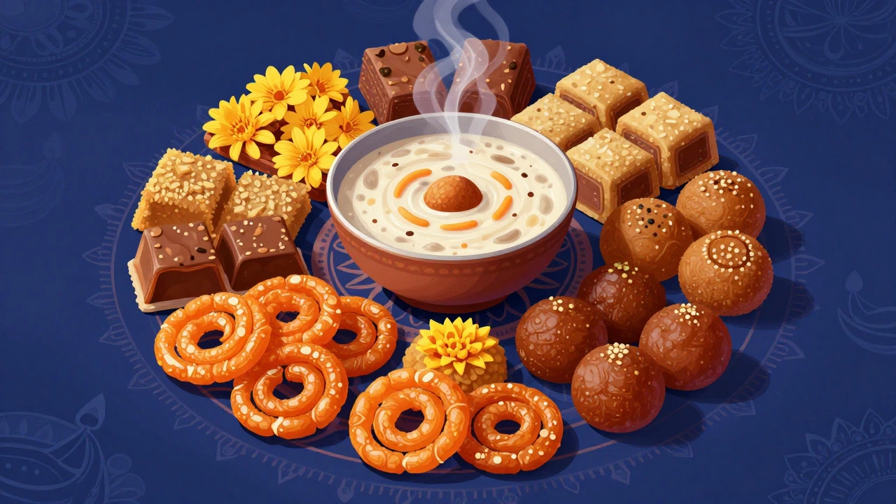 Circular arrangement of diverse Indian sweets like Jalebi, Laddu, and Kheer on a dark background.