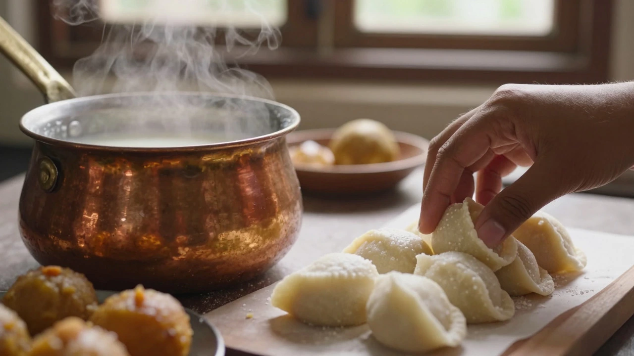 Close-up of hands preparing traditional milk-based Indian sweets like Peda in a rustic kitchen.