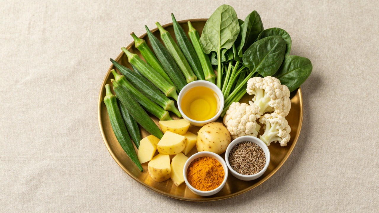Flat lay of mild vegetables like okra and potatoes with cumin and turmeric