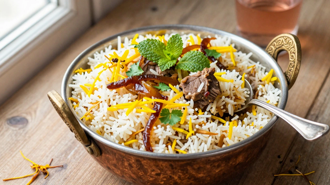 Fluffy saffron biryani with fried onions in copper bowl