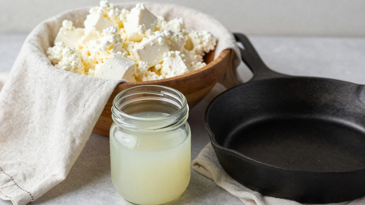 Fresh paneer curds draining in a muslin cloth with whey
