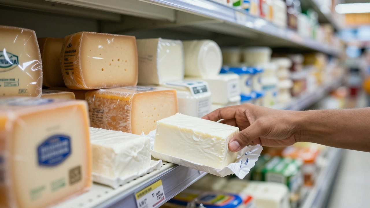 Hand selecting fresh paneer in a supermarket while imported cheeses sit in the background