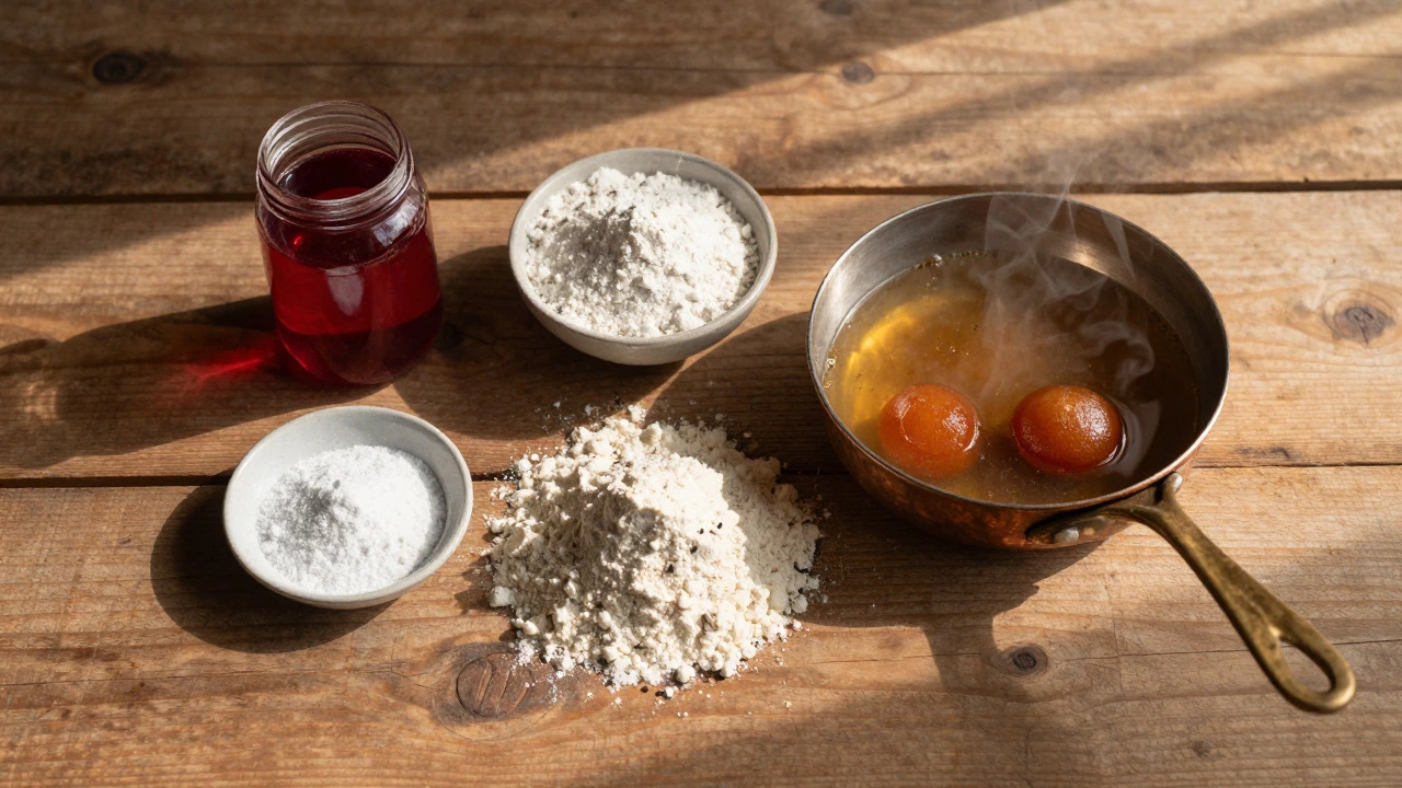 Ingredients for making Gulab Jamun on a wooden table
