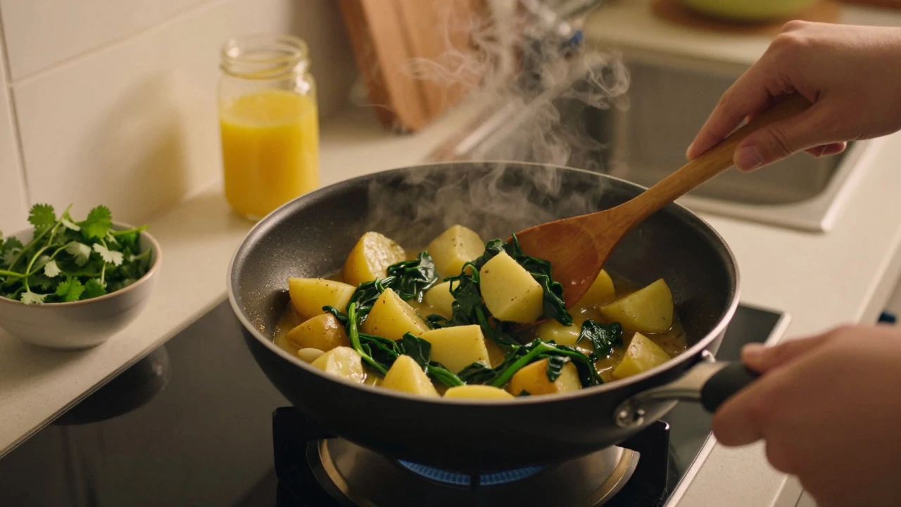 Person stirring potato and spinach curry in a pan in a warm kitchen