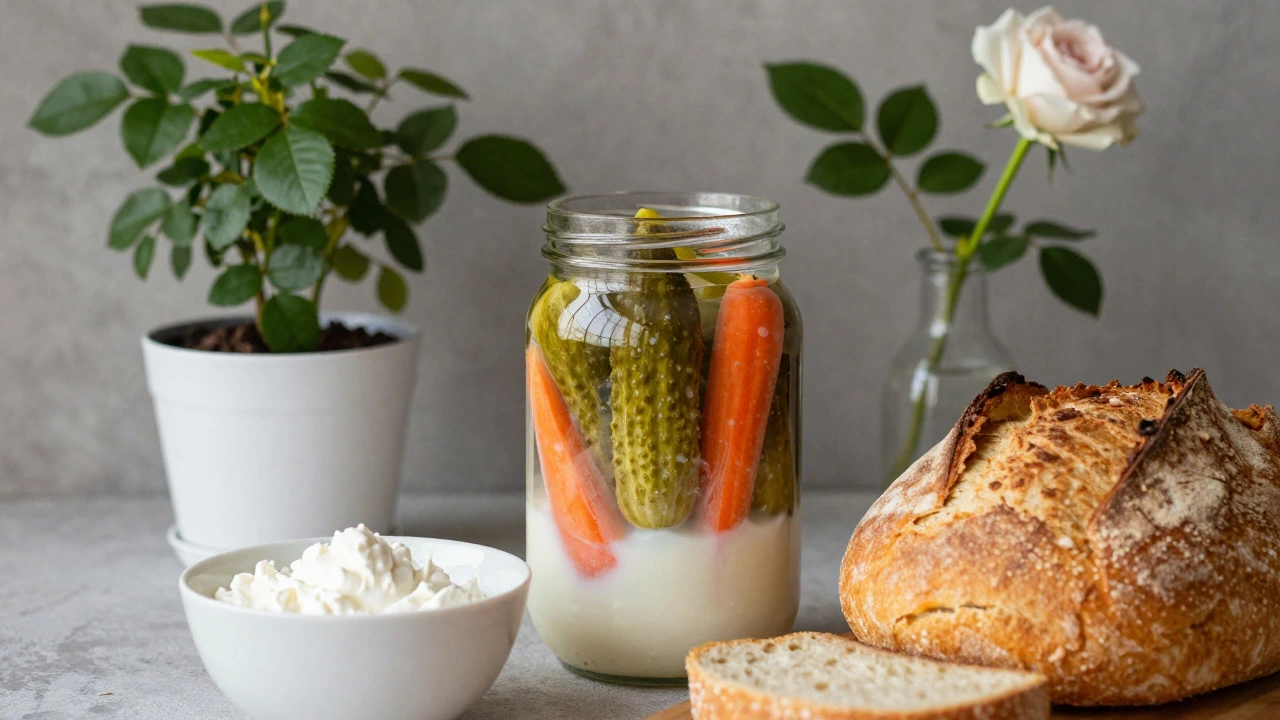 Pickles, bread, and plants showcasing whey's versatile uses