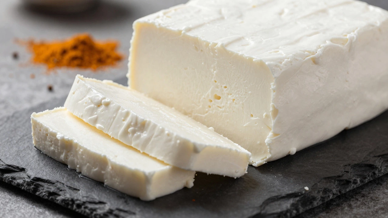 Sliced cubes of firm homemade paneer on a slate board
