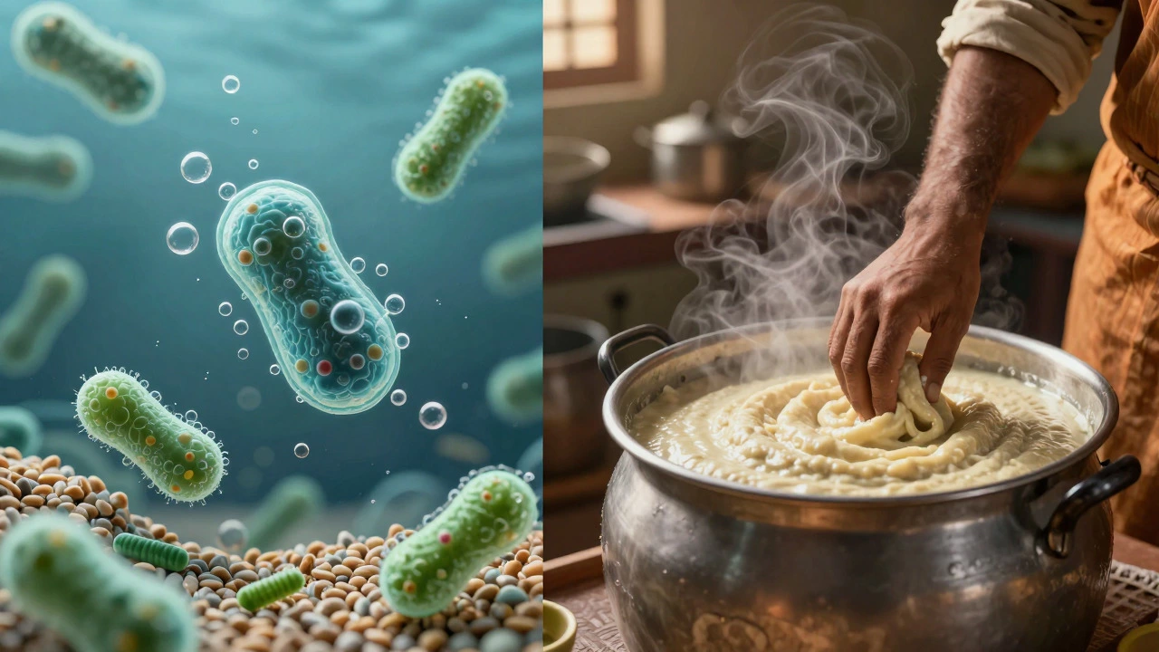 Split image showing microscopic yeast activity and stirring batter