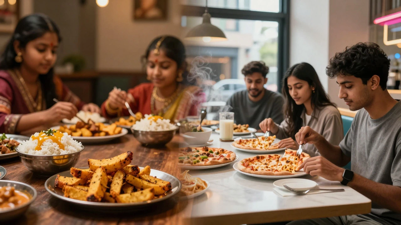 Split view contrasting traditional Indian dairy meals with modern Western-style snacks