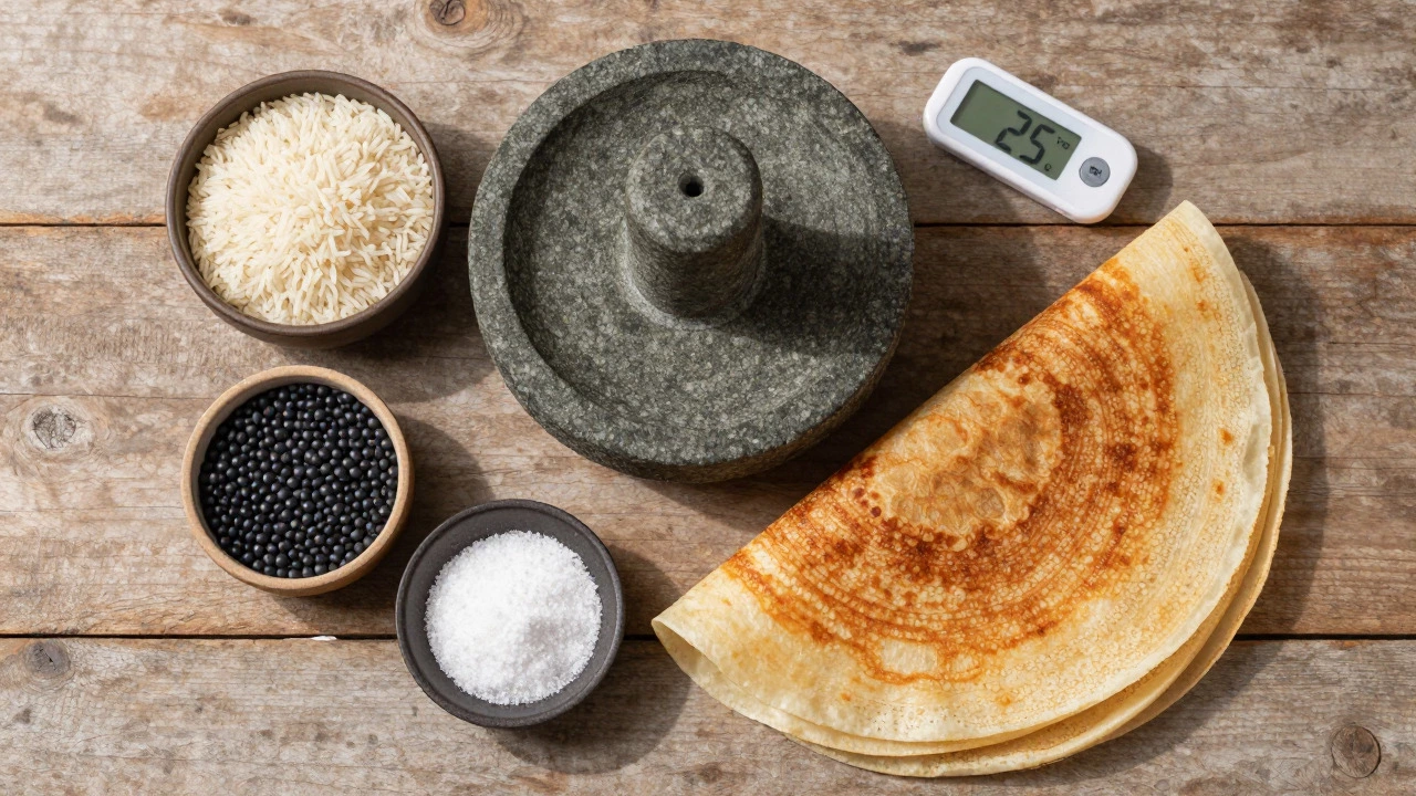Top-down view of dosa ingredients, rice, lentils, and cooked dosas