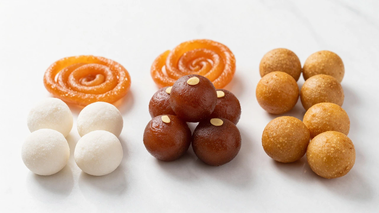 Variety of Indian sweets including Jalebi and Rasgulla