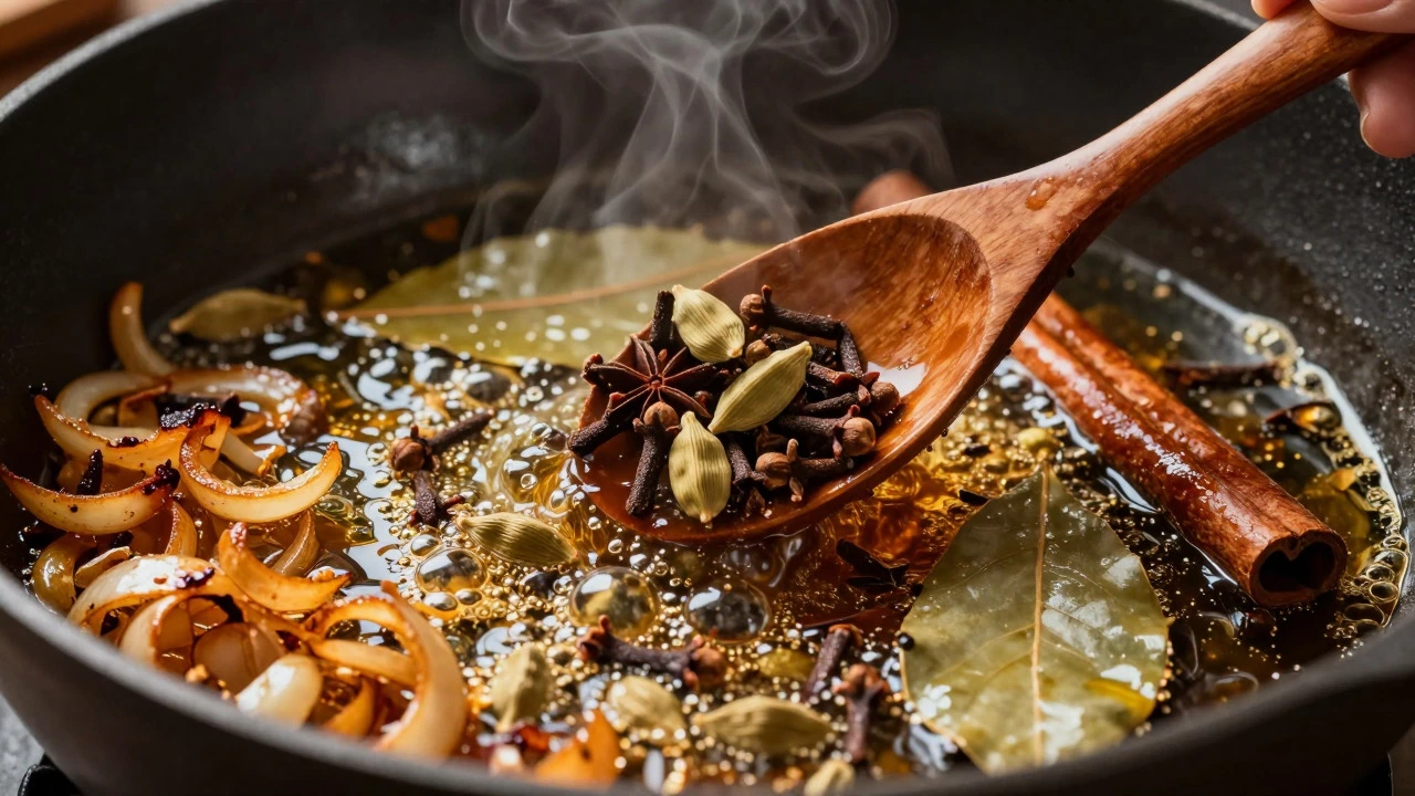 Whole spices sizzling in hot ghee during blooming process