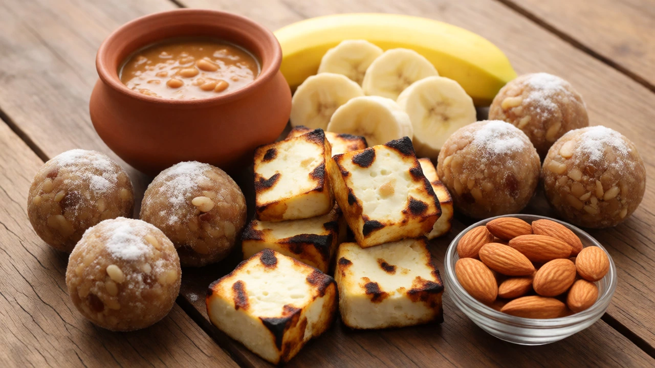 Assorted Indian snacks including paneer, bananas, and laddoos on wood