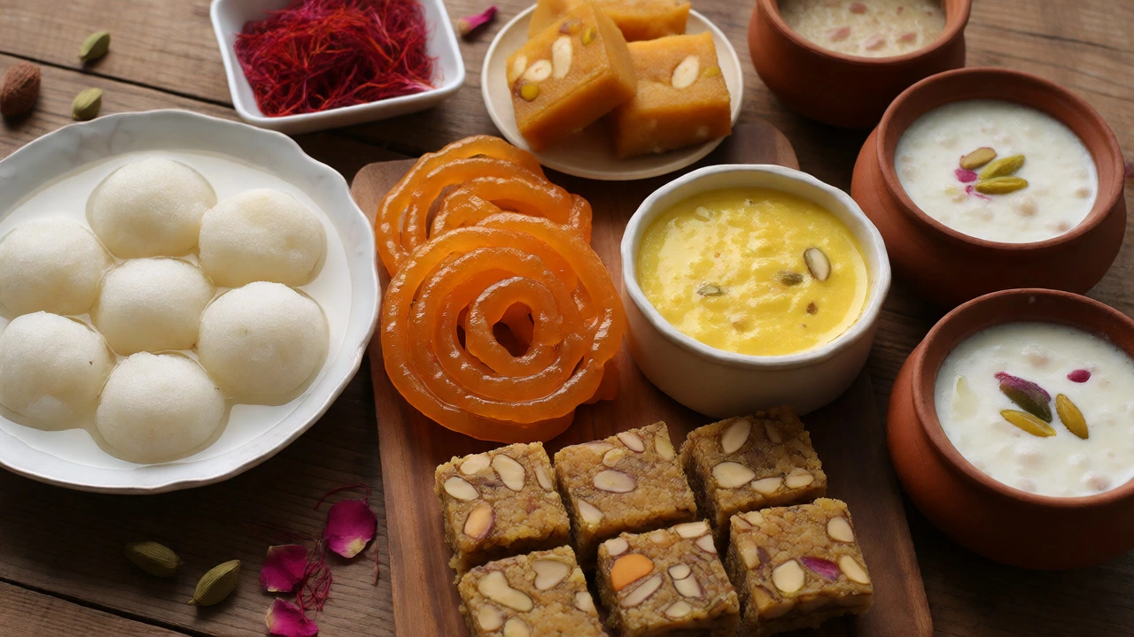 Assorted regional Indian sweets including Rasgulla, Jalebi, and Payasam displayed on a wooden table.