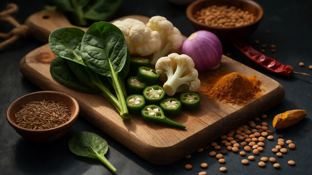 Fresh Indian cooking ingredients including lentils, spices, and vegetables on wood.