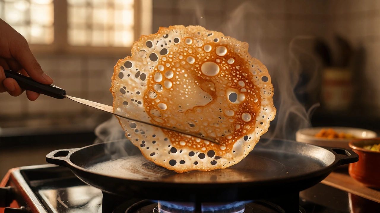 Golden fluffy dosa with lacy edges being lifted from a hot cast iron tawa