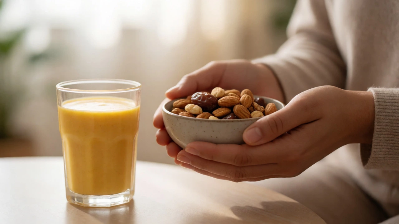 Hands holding mixed nuts and a glass of mango lassi in sunlight