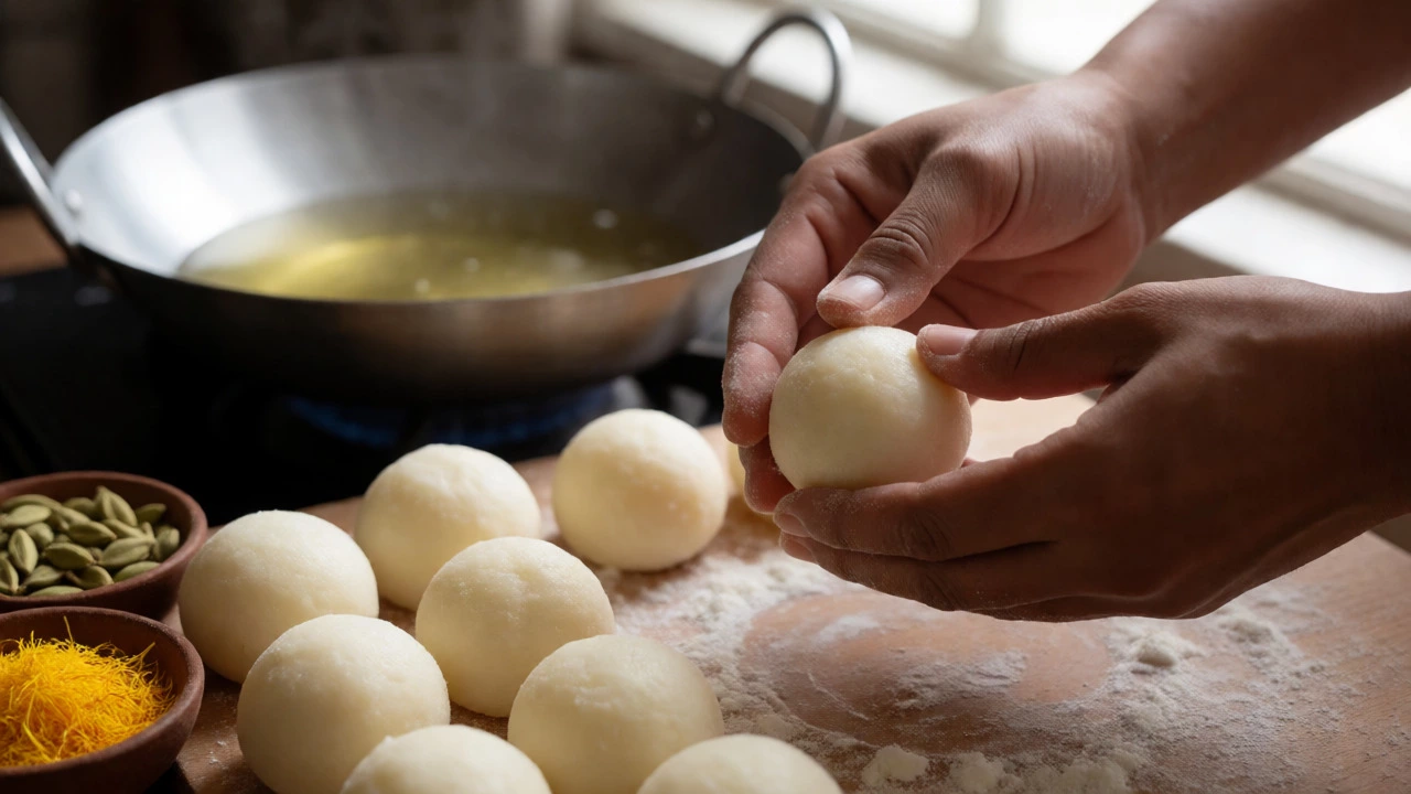 Hands shaping dense khoya dough for Gulab Jamun beside spices and frying oil.