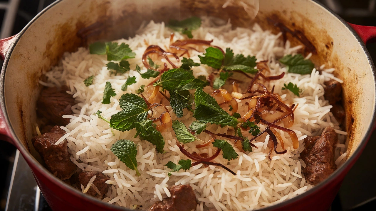Layered biryani assembly with rice, meat, and herbs