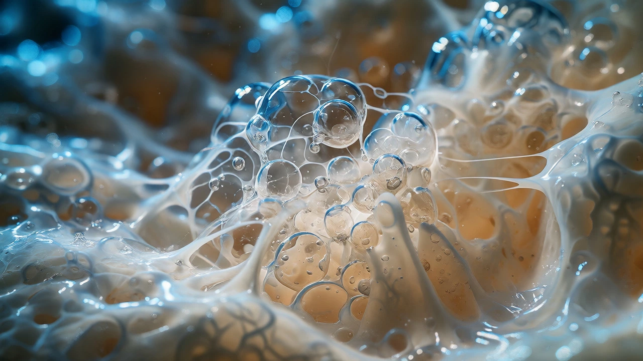 Macro view of gas bubbles trapped in fermented batter structure showing aeration