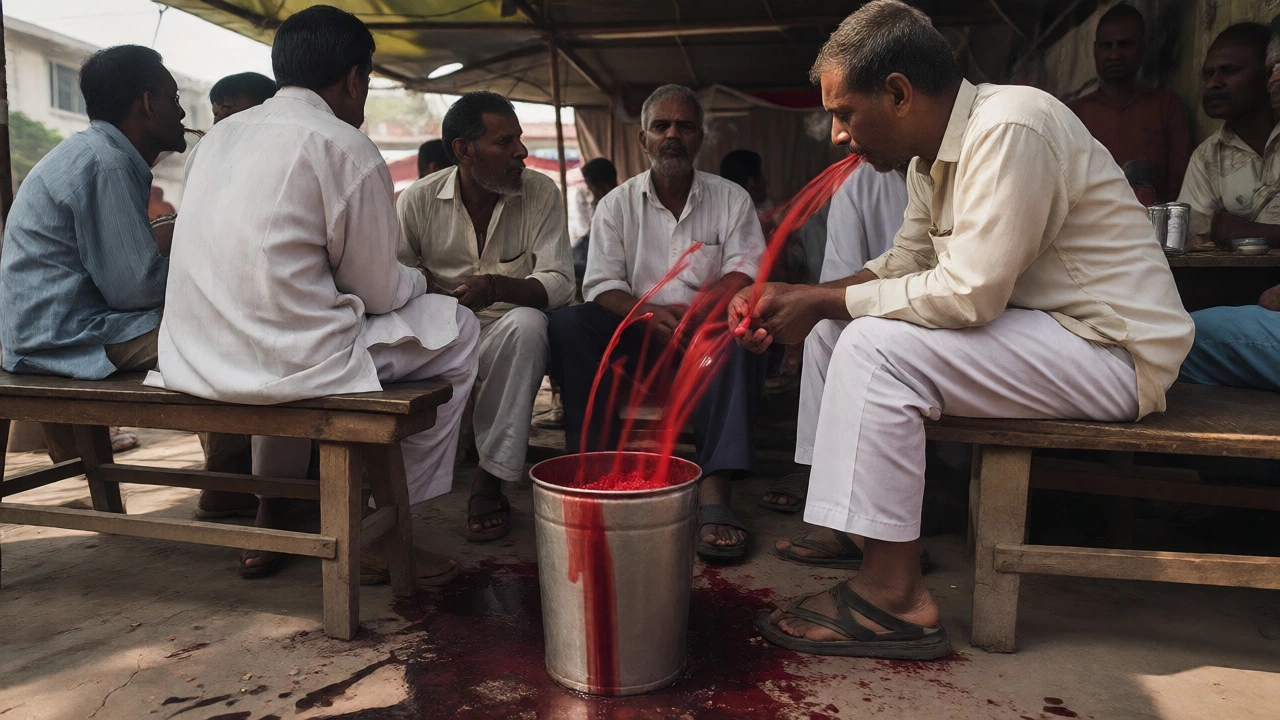 Men chewing gutka and spitting red residue at a tea stall