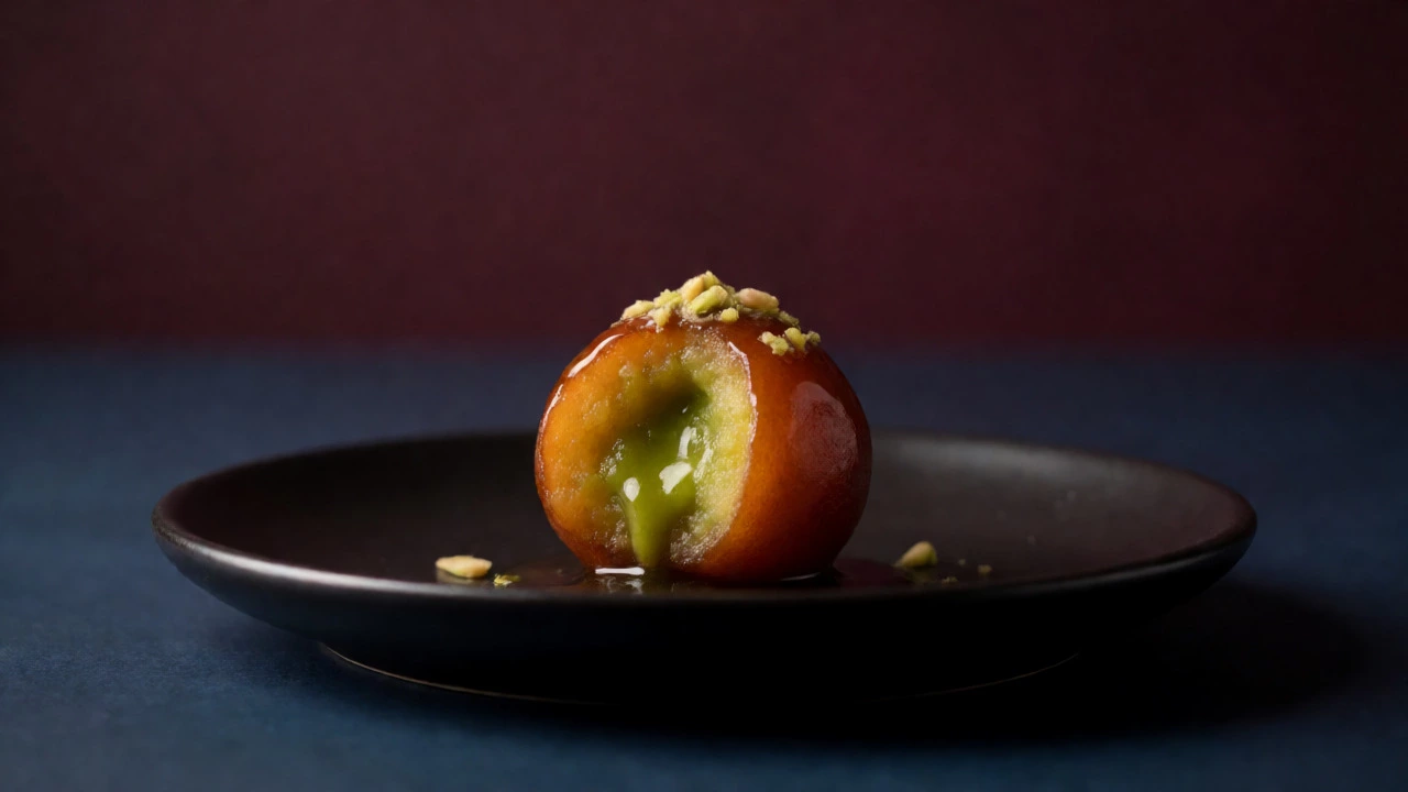 Modern Gulab Jamun cut open to reveal pistachio filling with syrup drizzle.