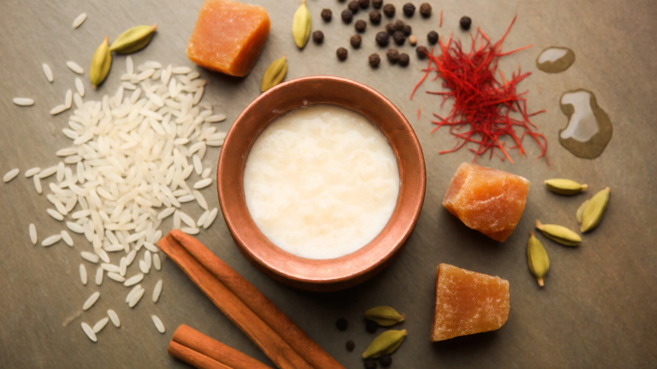 Overhead view of Payasam ingredients including jaggery, cardamom, and rice