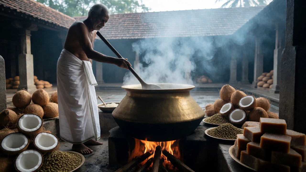 Priest stirring milk and rice in a brass pot at a temple fire stove