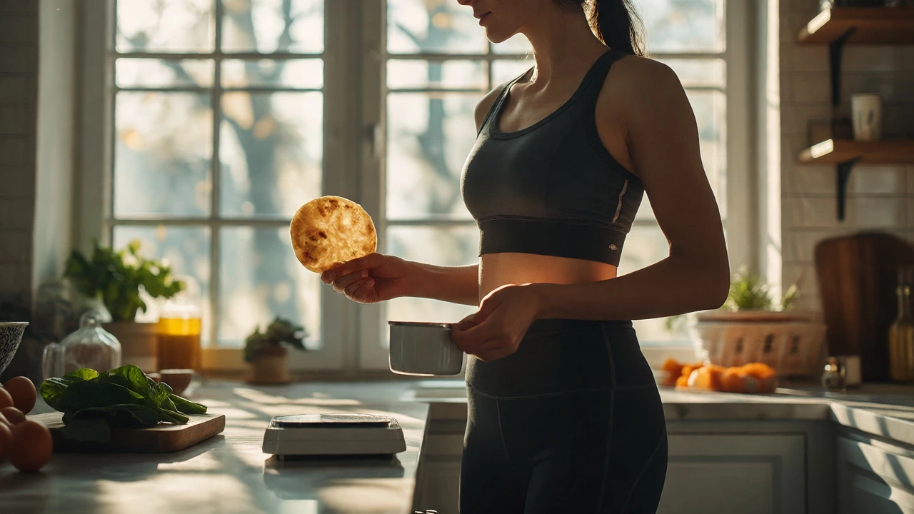 Active person in kitchen holding a chapati and measuring tool