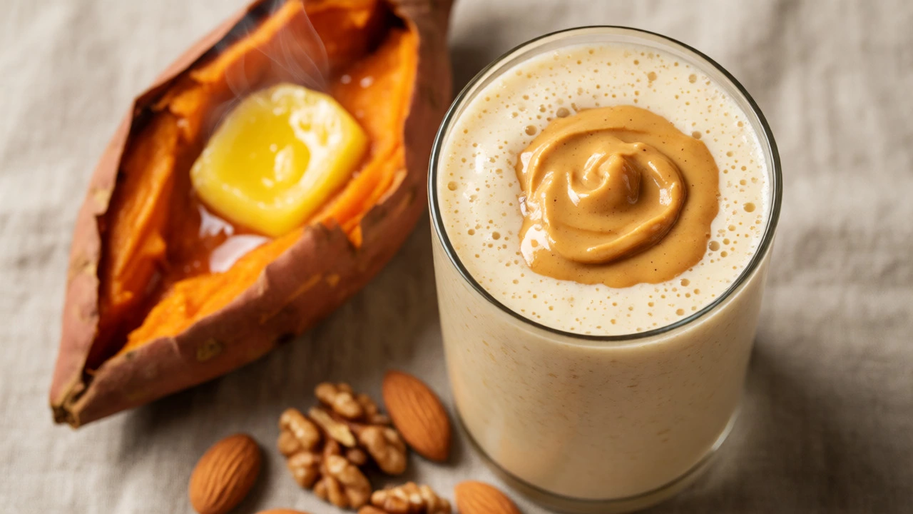 Banana peanut butter smoothie next to a roasted sweet potato with ghee and nuts.