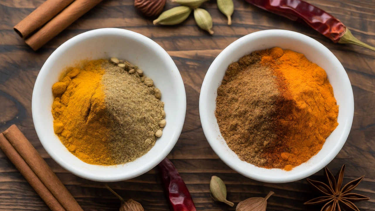 Bowls of turmeric-coriander and garam masala-turmeric spice blends.
