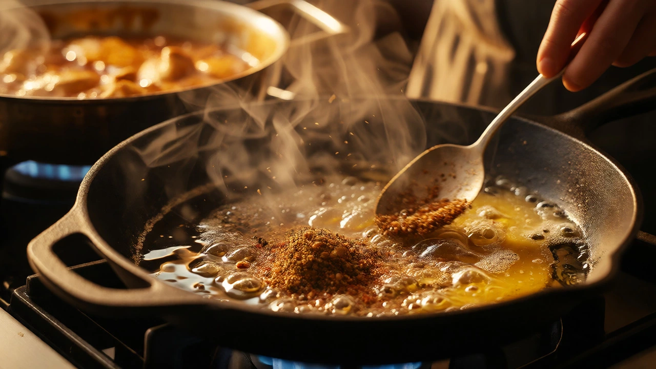 Chef blooming spices in sizzling ghee in a cast-iron skillet.