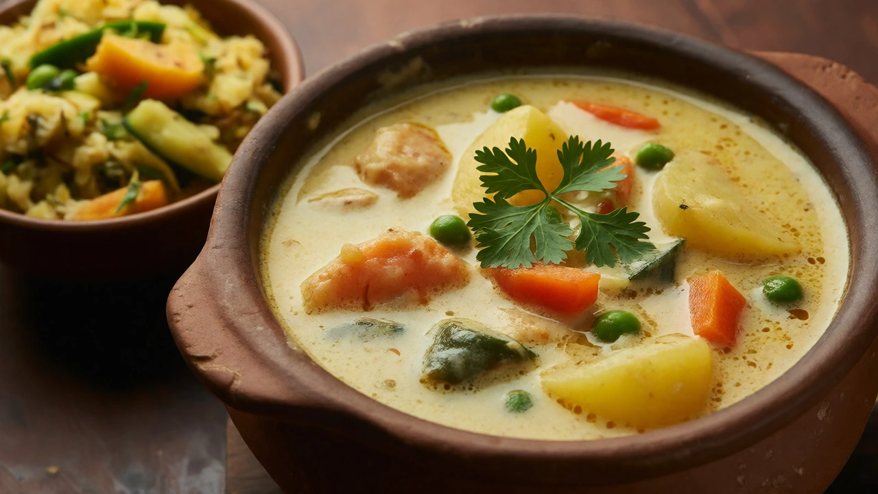 Creamy coconut-based Kerala vegetable stew and mixed veggie avial in rustic clay pots.