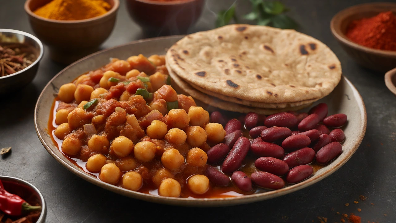Dairy-free chickpea and kidney bean curries served with dry whole wheat roti.