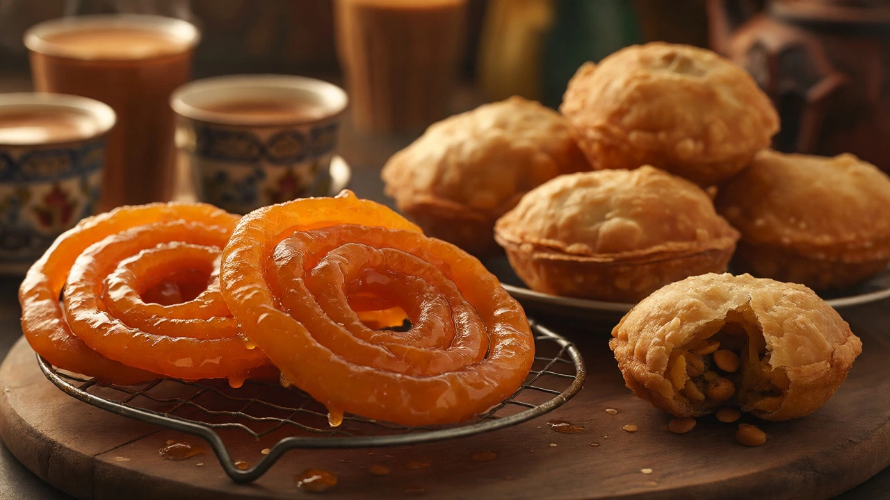Glossy Jalebi spirals and stuffed Kachoris displayed on a rack during tea time