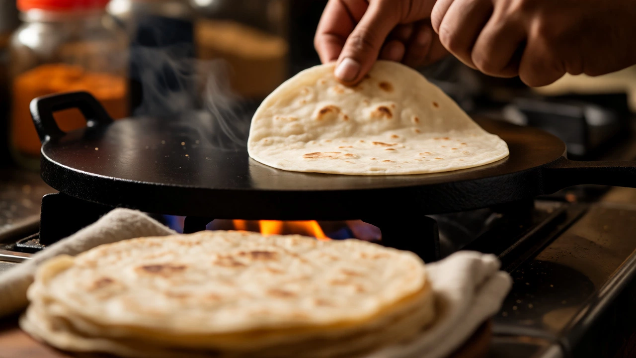 Hand placing a rolled roti onto a hot griddle with steam rising.