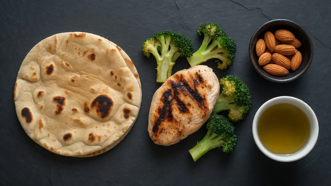 Healthy dinner with grilled chicken, broccoli, and one chapati on slate