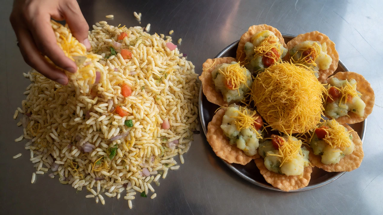 Overhead view of fresh Bhel Puri and Sev Puri snacks prepared on a steel counter